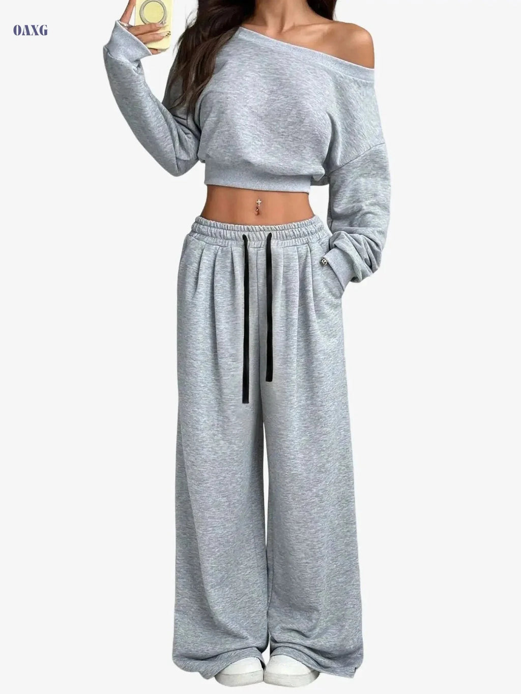 Women's Autumn Off-Shoulder Sweatshirt Set - Casual Leisure Wear   OAXG Grey / S