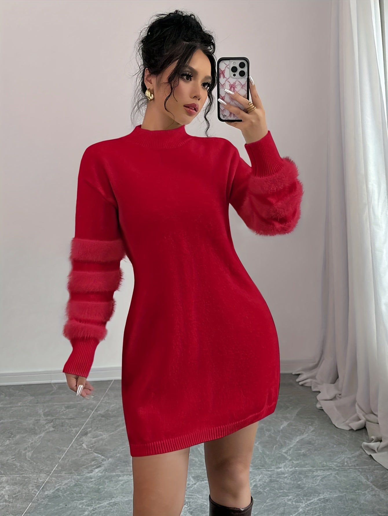 Women's Autumn/Winter Solid Color Plush Patchwork Dress, Slim Fit, Figure-Hugging, Sweater Dress   OAXG White / XS