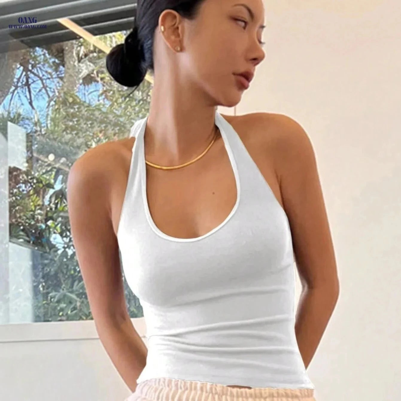 Women's Backless Halter Blouse - Casual Summer Top with Tie Closure   OAXG White / Asian XS