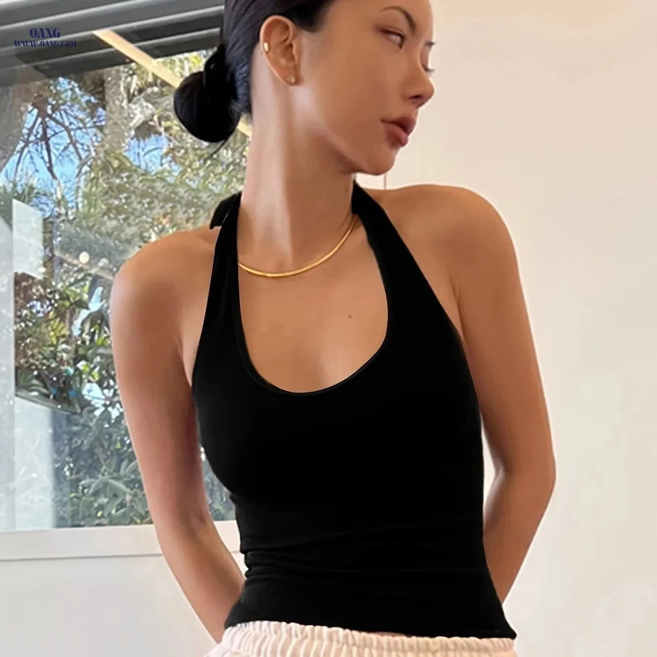 Women's Backless Halter Blouse - Casual Summer Top with Tie Closure   OAXG White / Asian XS