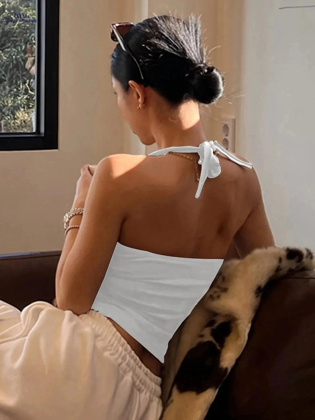 Women's Backless Halter Blouse - Casual Summer Top with Tie Closure   OAXG White / Asian XS
