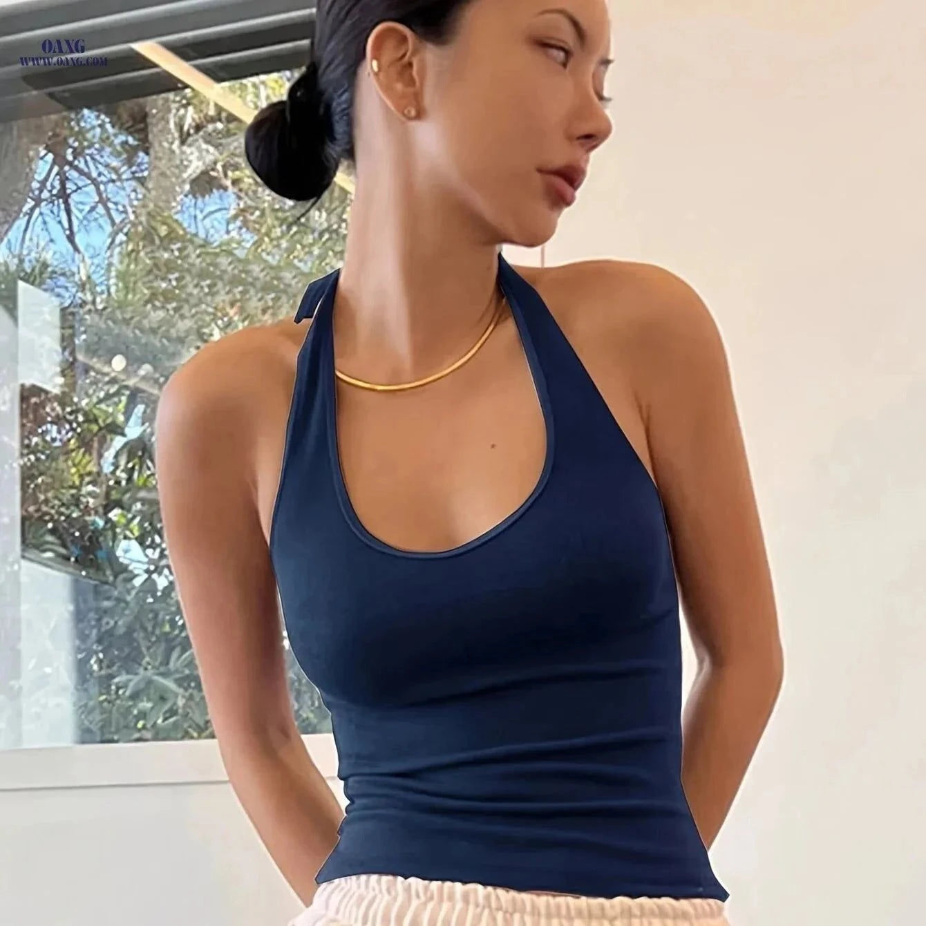Women's Backless Halter Blouse - Casual Summer Top with Tie Closure   OAXG White / Asian XS