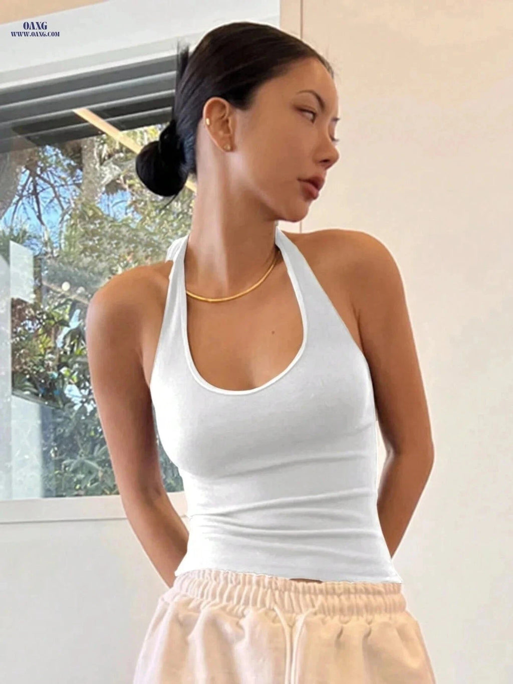 Women's Backless Halter Blouse - Casual Summer Top with Tie Closure   OAXG White / Asian XS