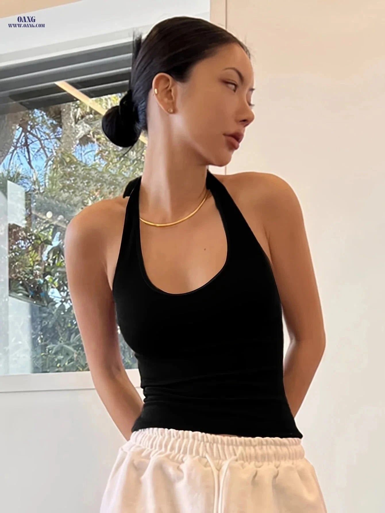 Women's Backless Halter Blouse - Casual Summer Top with Tie Closure   OAXG White / Asian XS