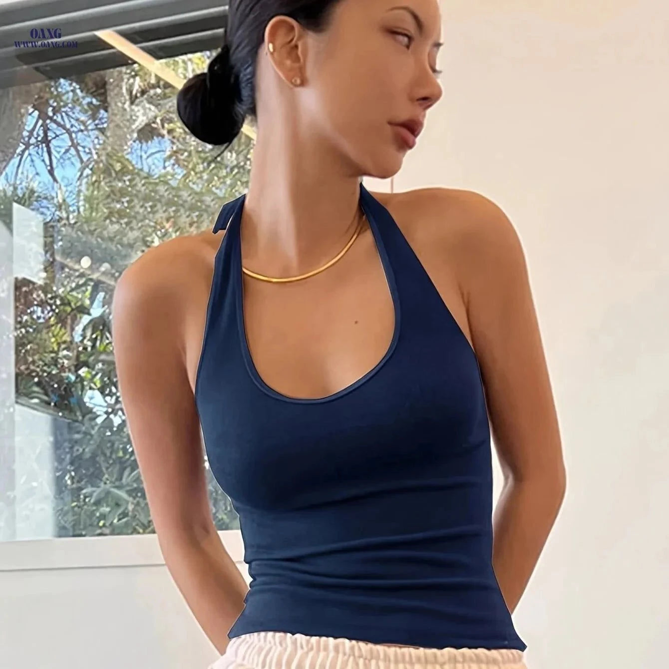 Women's Backless Halter Blouse - Casual Summer Top with Tie Closure   OAXG White / Asian XS