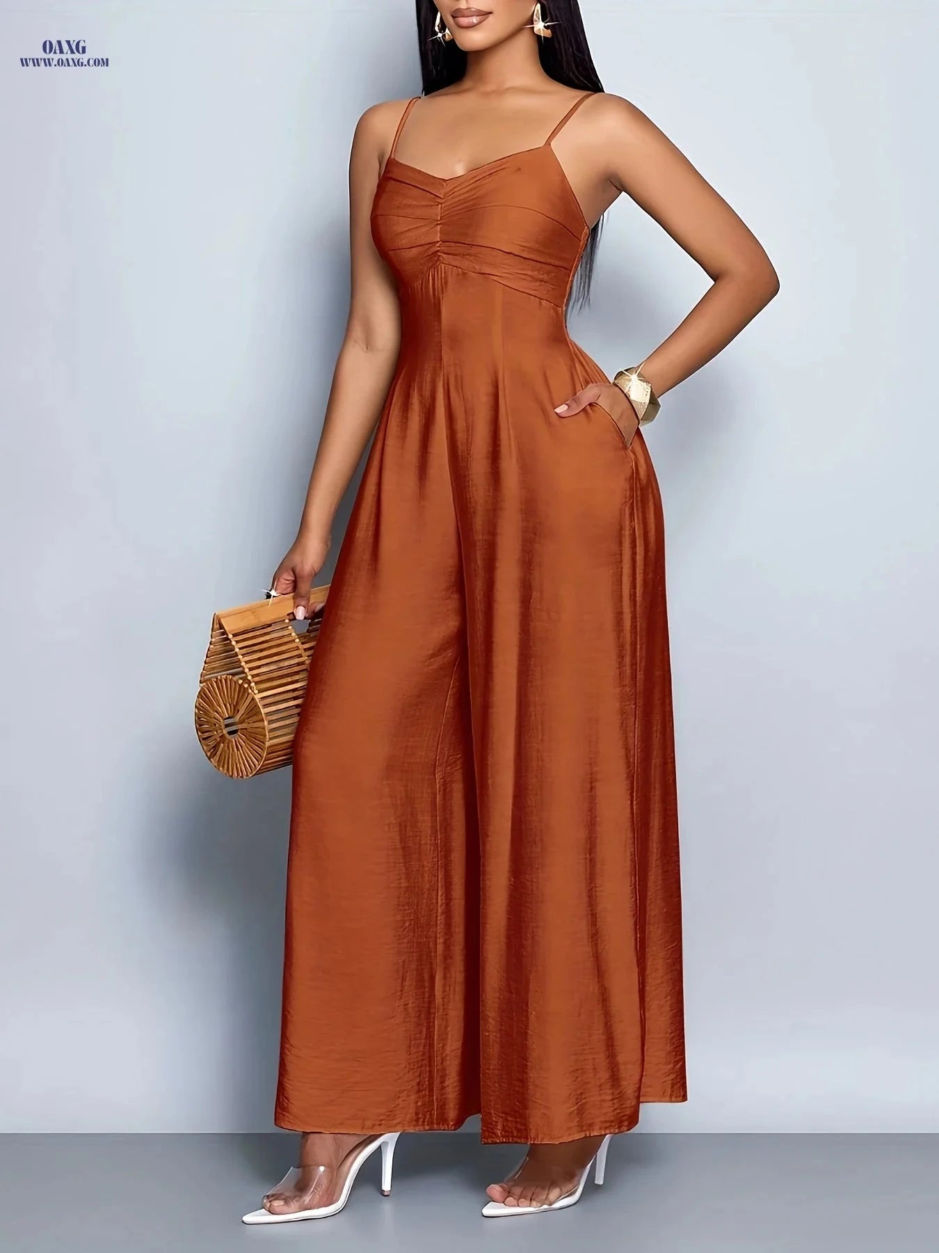 Women's Backless Wide Leg Cami Jumpsuit - Elegant Solid Color Fashion   OAXG 