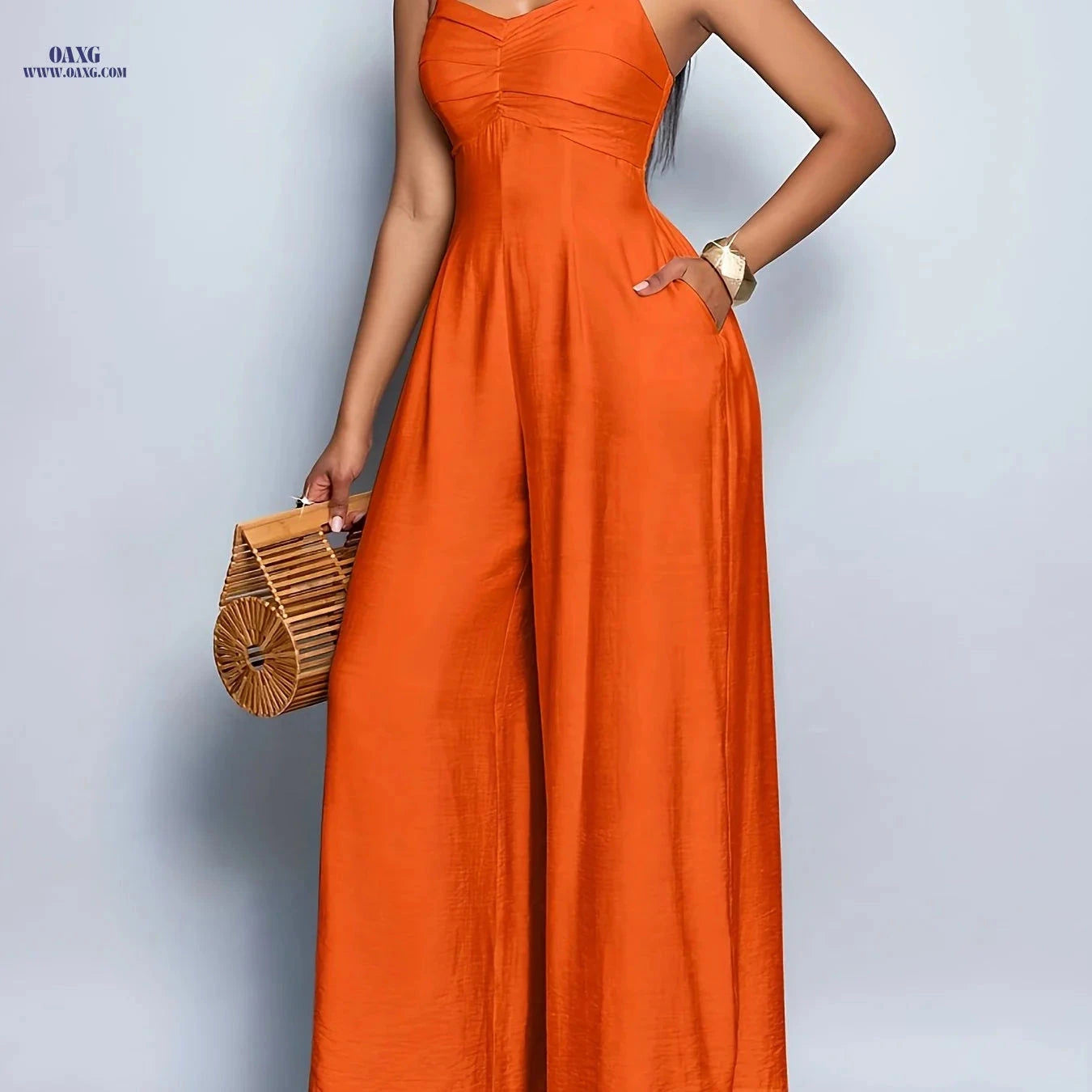 Women's Backless Wide Leg Cami Jumpsuit - Elegant Solid Color Fashion   OAXG 