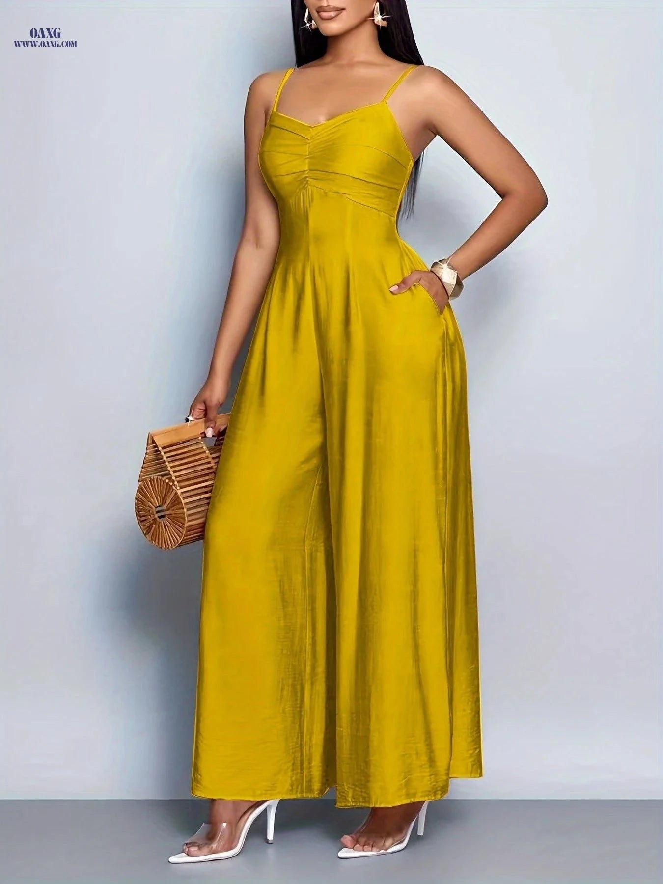 Women's Backless Wide Leg Cami Jumpsuit - Elegant Solid Color Fashion   OAXG 