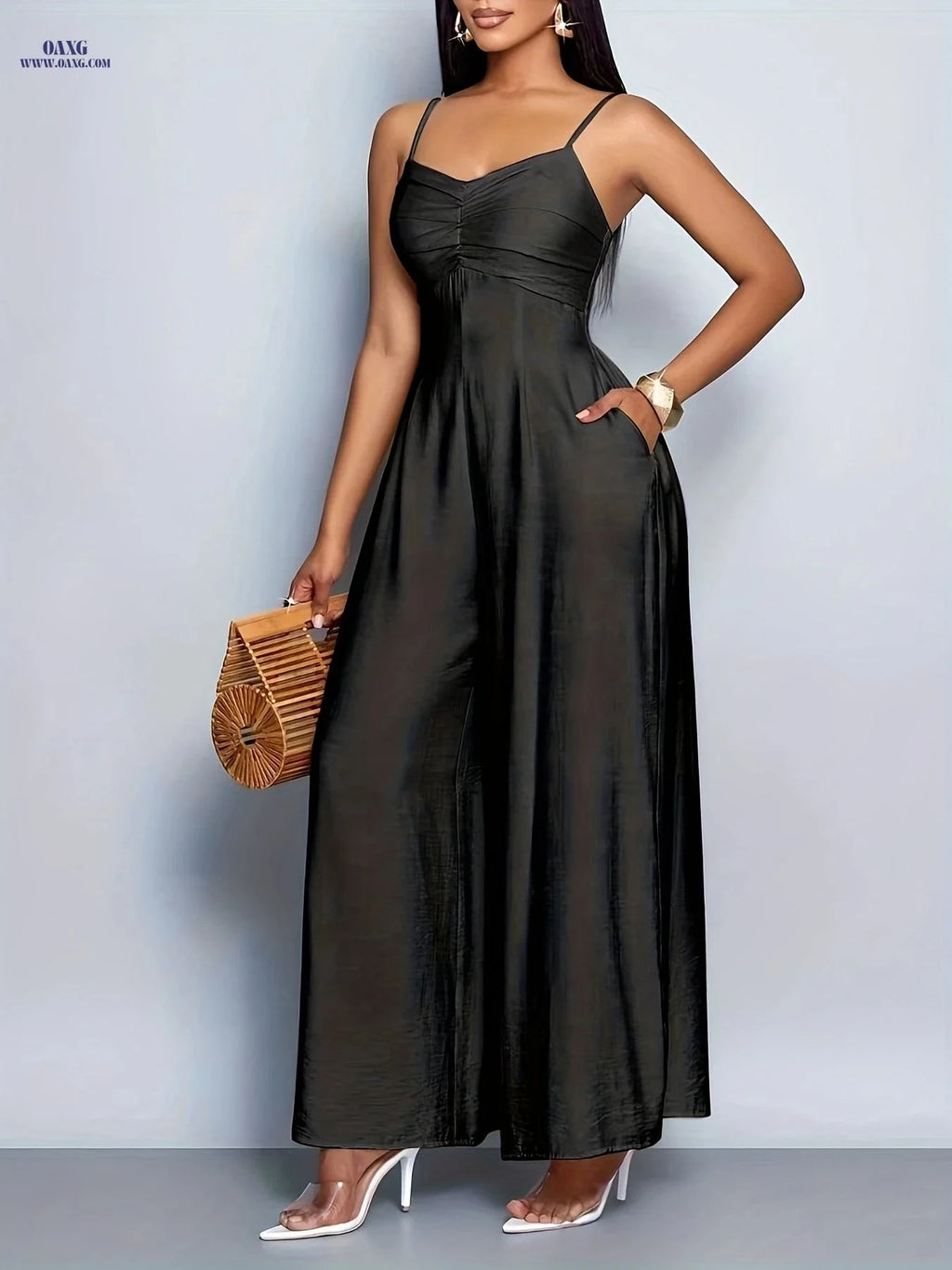 Women's Backless Wide Leg Cami Jumpsuit - Elegant Solid Color Fashion   OAXG Coral / S