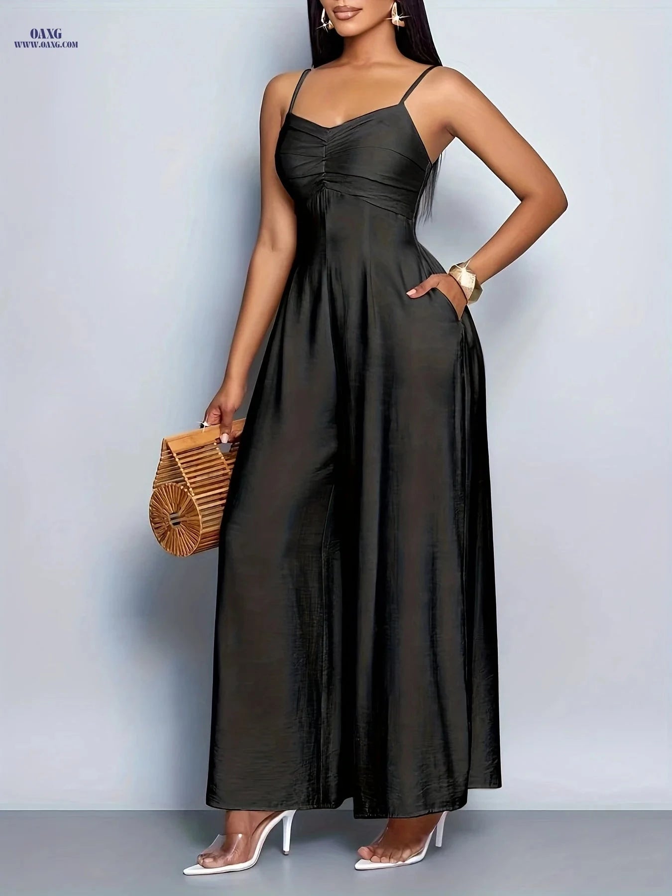 Women's Backless Wide Leg Cami Jumpsuit - Elegant Solid Color Fashion   OAXG Coral / S