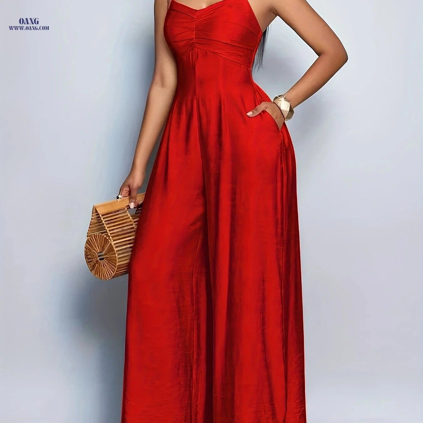 Women's Backless Wide Leg Cami Jumpsuit - Elegant Solid Color Fashion   OAXG Coral / S
