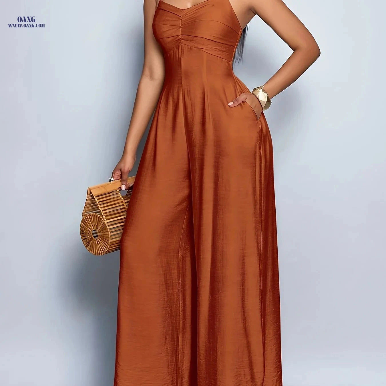 Women's Backless Wide Leg Cami Jumpsuit - Elegant Solid Color Fashion   OAXG Coral / S