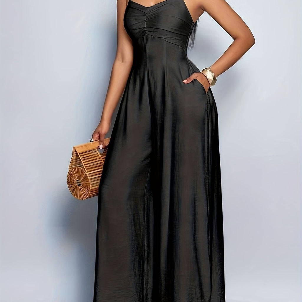 Women's Backless Wide Leg Cami Jumpsuit - Elegant Solid Color Fashion   OAXG 
