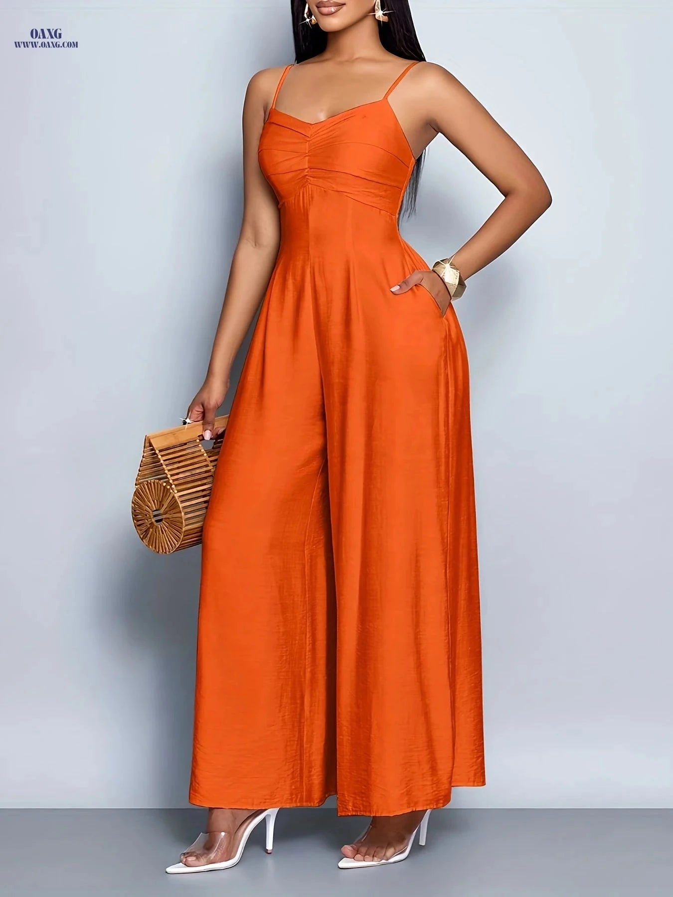 Women's Backless Wide Leg Cami Jumpsuit - Elegant Solid Color Fashion   OAXG 