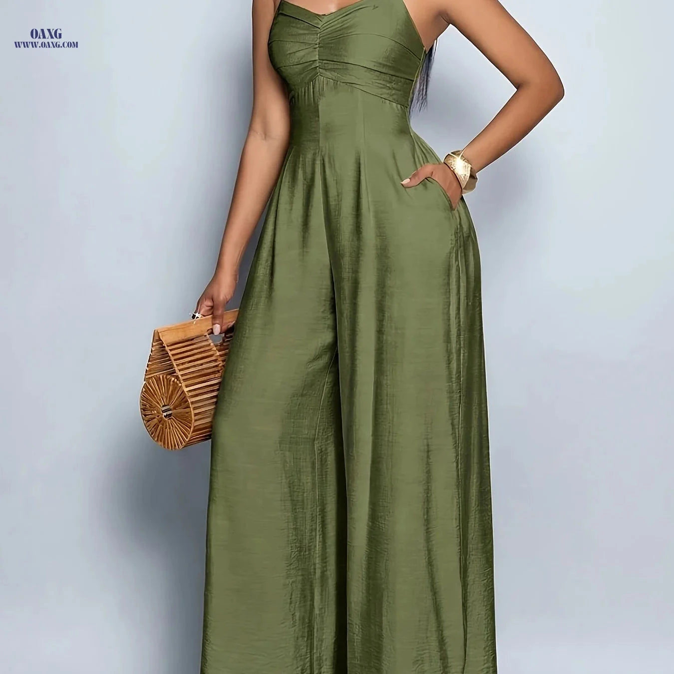 Women's Backless Wide Leg Cami Jumpsuit - Elegant Solid Color Fashion   OAXG 