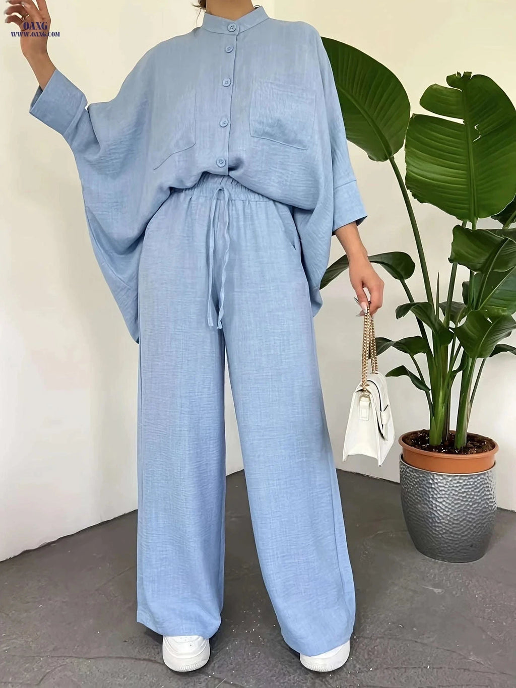 Women's Batwing Sleeve Shirt & Wide-Leg Pants Set - Casual Chic   OAXG 