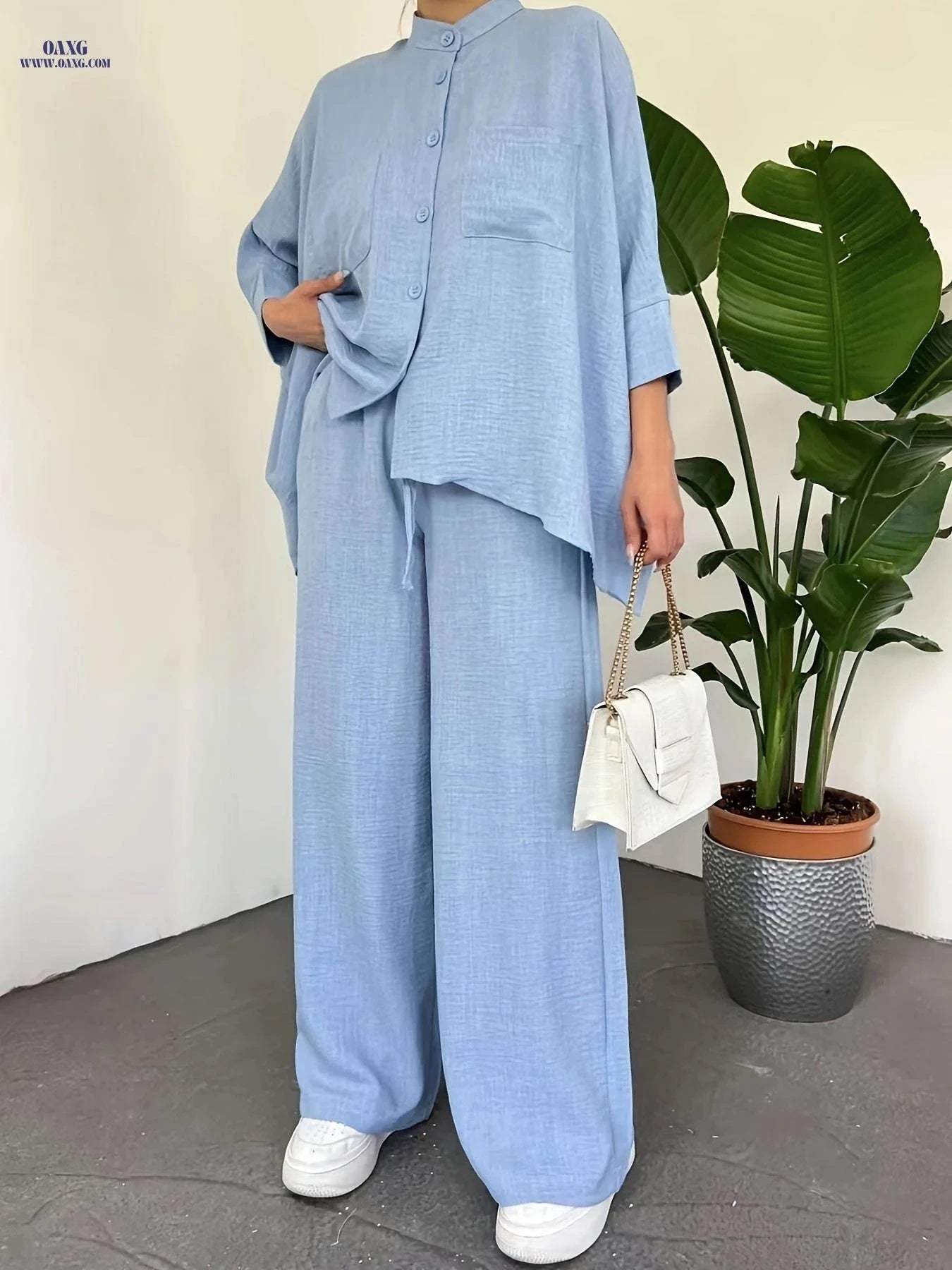 Women's Batwing Sleeve Shirt & Wide-Leg Pants Set - Casual Chic   OAXG 