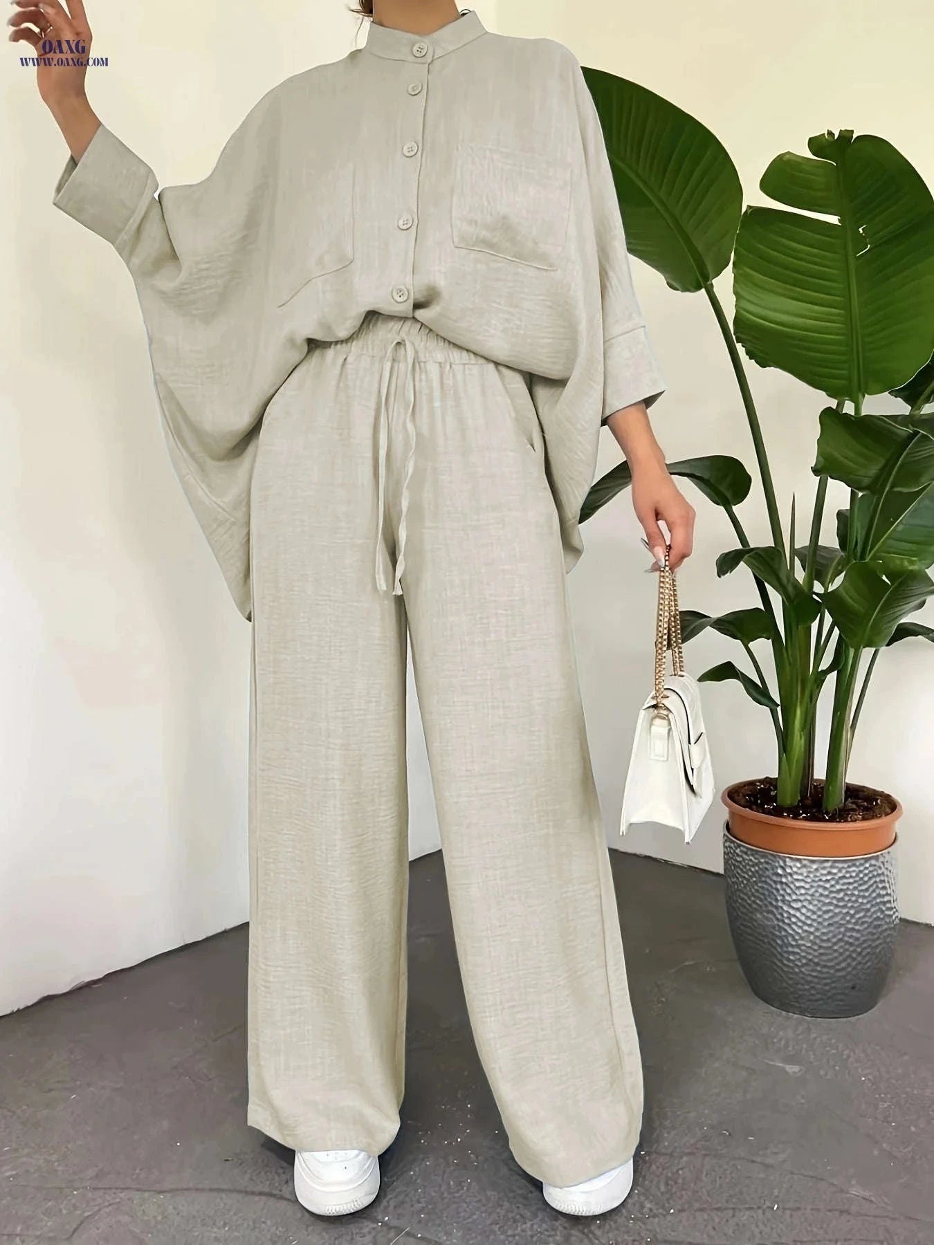Women's Batwing Sleeve Shirt & Wide-Leg Pants Set - Casual Chic   OAXG Bright Steel Blue / S