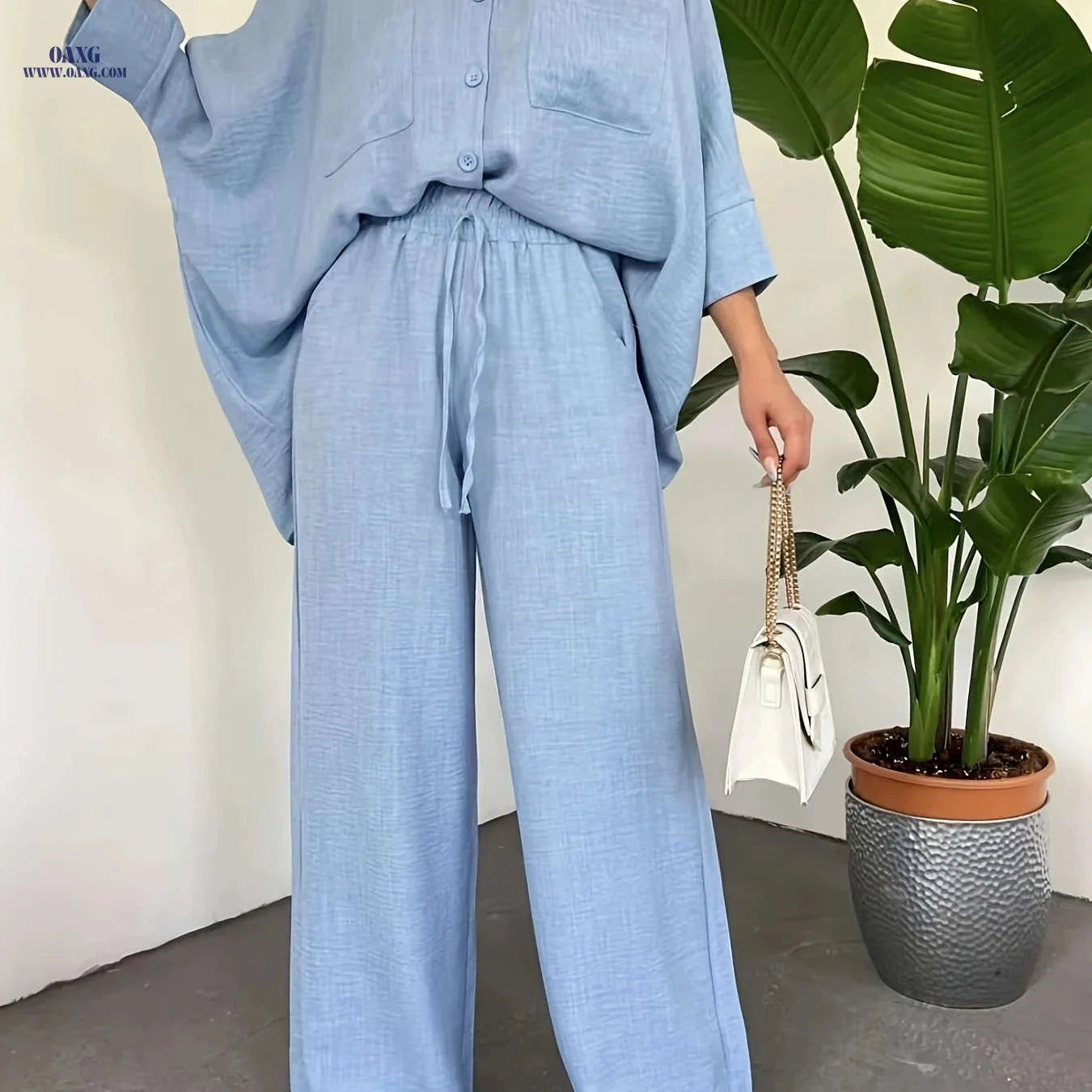 Women's Batwing Sleeve Shirt & Wide-Leg Pants Set - Casual Chic   OAXG Bright Steel Blue / S