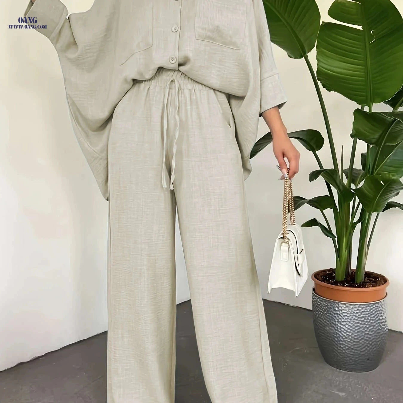 Women's Batwing Sleeve Shirt & Wide-Leg Pants Set - Casual Chic   OAXG Bright Steel Blue / S