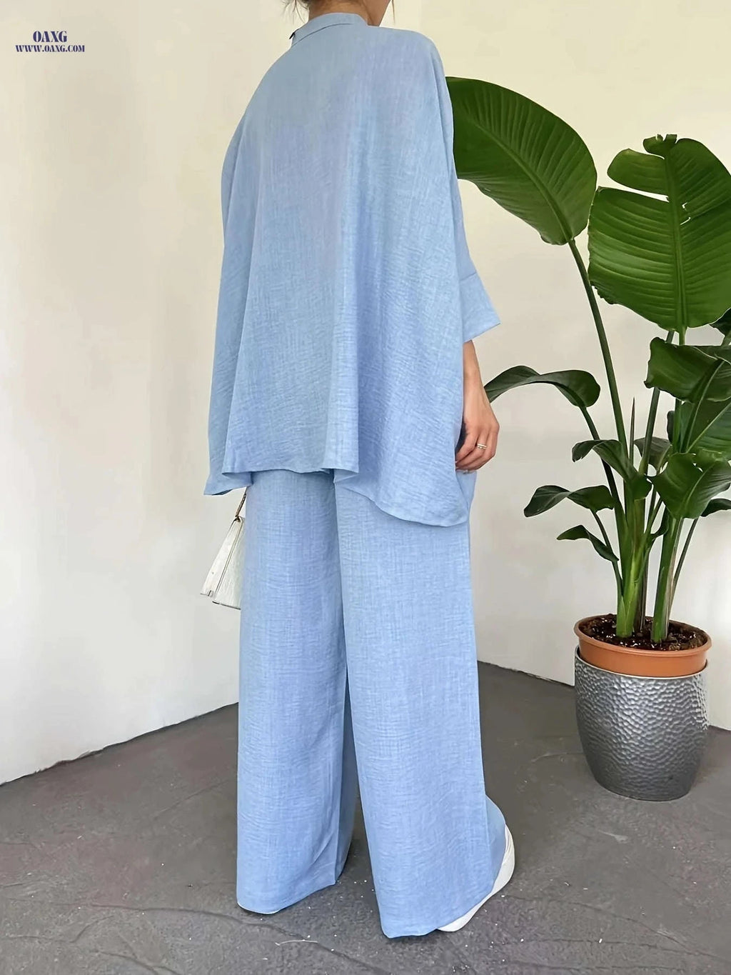 Women's Batwing Sleeve Shirt & Wide-Leg Pants Set - Casual Chic   OAXG Bright Steel Blue / S