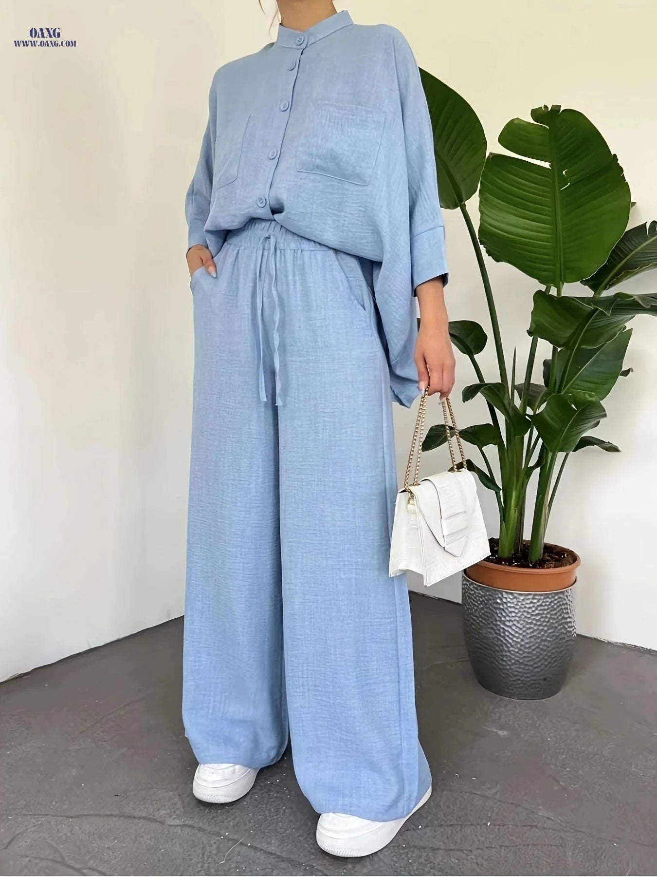 Women's Batwing Sleeve Shirt & Wide-Leg Pants Set - Casual Chic   OAXG 