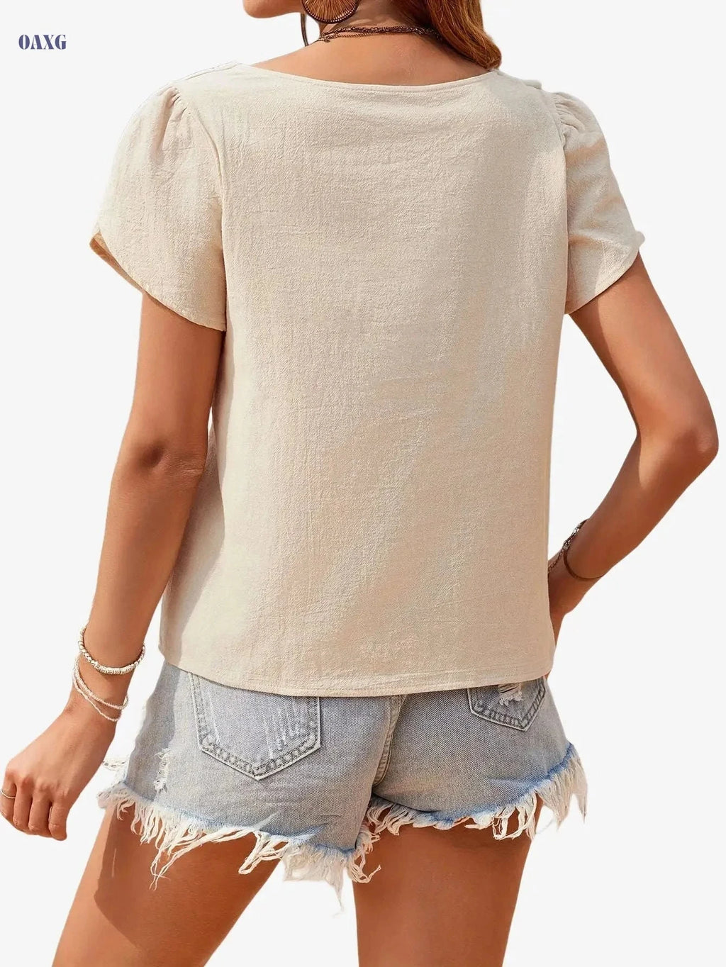 Women's Beige Asymmetrical Neck Blouse - Elegant Summer Top   OAXG 