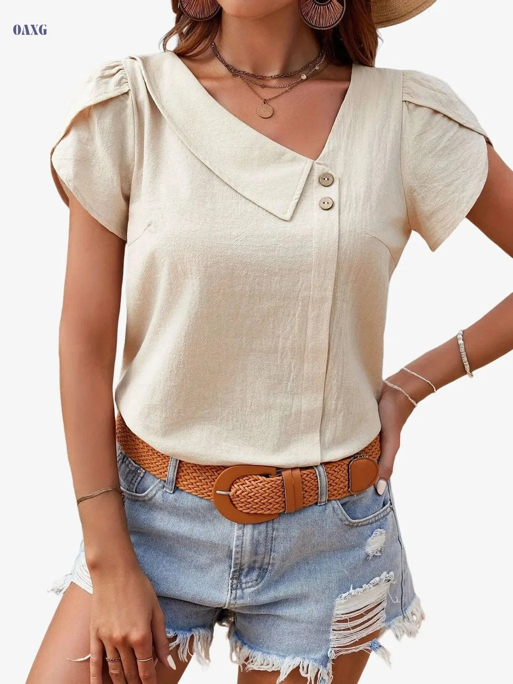 Women's Beige Asymmetrical Neck Blouse - Elegant Summer Top   OAXG Apricot / S