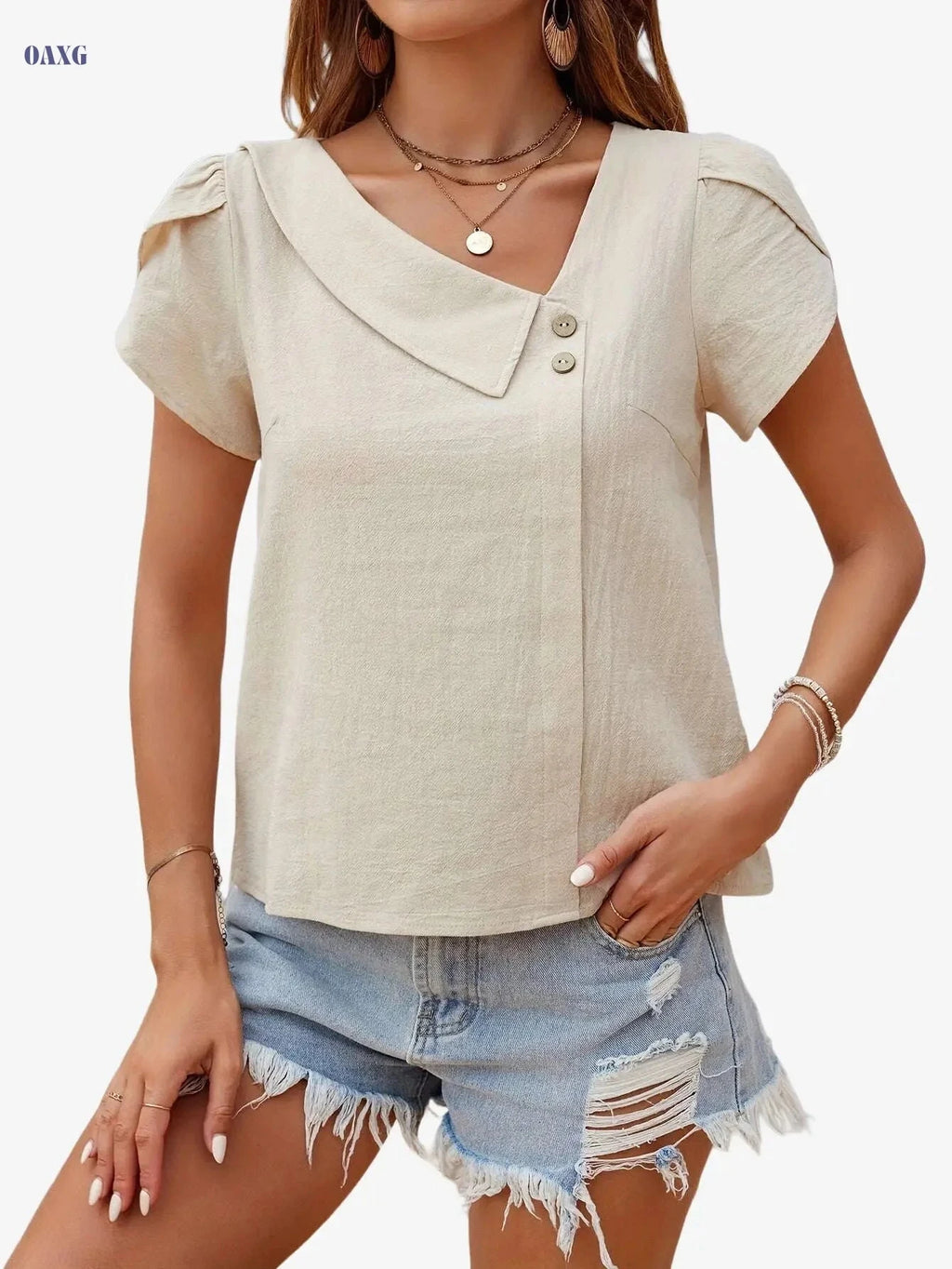 Women's Beige Asymmetrical Neck Blouse - Elegant Summer Top   OAXG Apricot / S