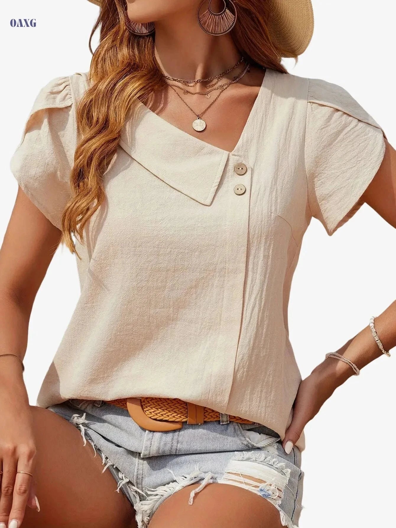 Women's Beige Asymmetrical Neck Blouse - Elegant Summer Top   OAXG Apricot / S