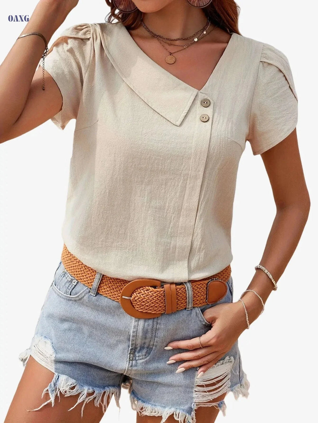 Women's Beige Asymmetrical Neck Blouse - Elegant Summer Top   OAXG Apricot / S