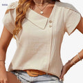 Women's Beige Asymmetrical Neck Blouse - Elegant Summer Top   OAXG 