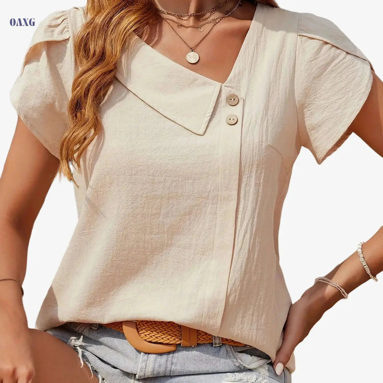 Women's Beige Asymmetrical Neck Blouse - Elegant Summer Top   OAXG 