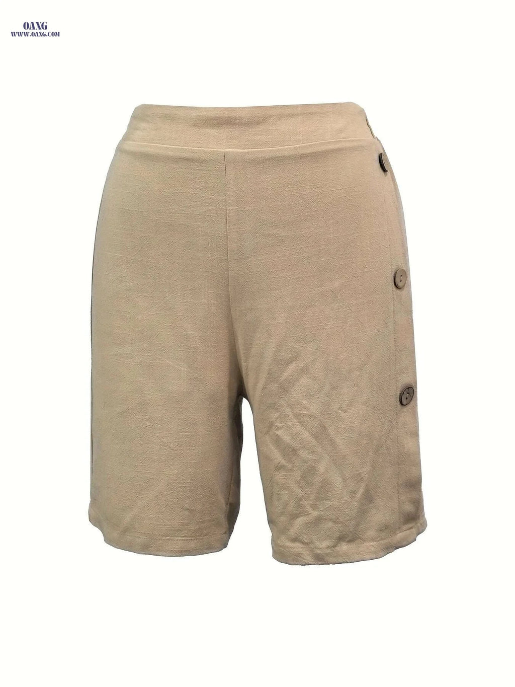 Women's Beige Linen High Waist Shorts - Loose Fit with Pockets   OAXG 