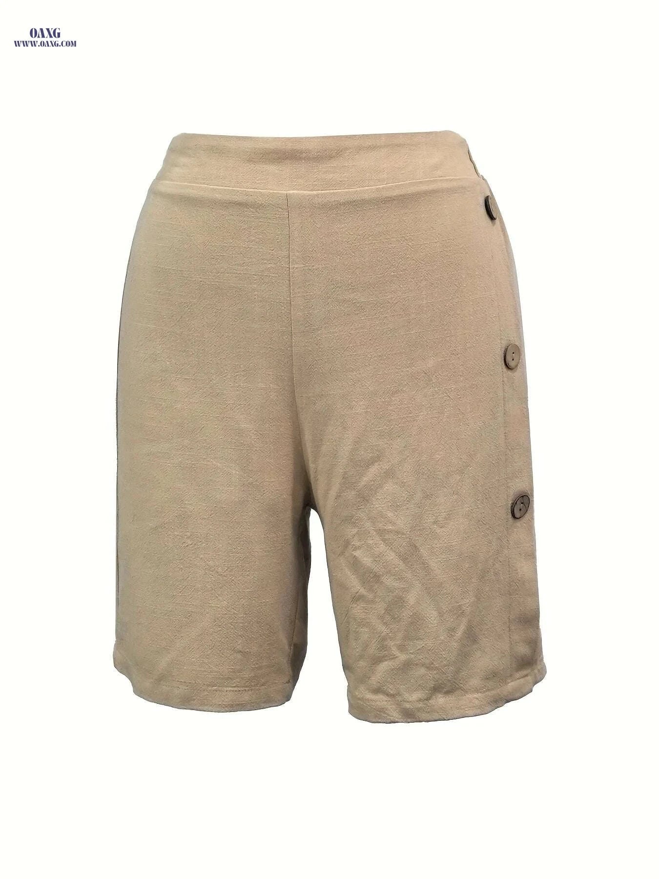 Women's Beige Linen High Waist Shorts - Loose Fit with Pockets   OAXG 