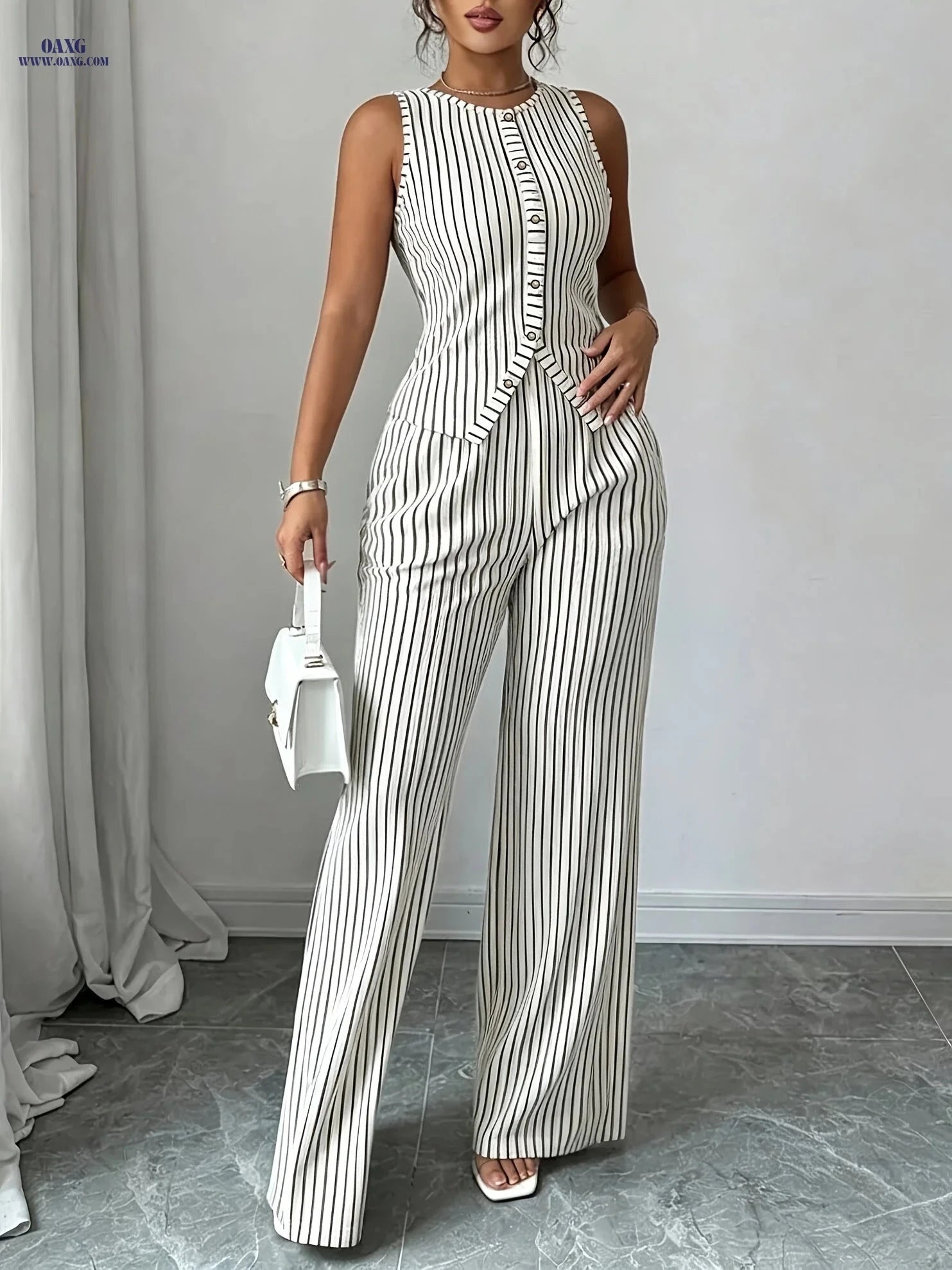Women's Black and White Striped Pants Set - Sleeveless Top & Trousers   OAXG 