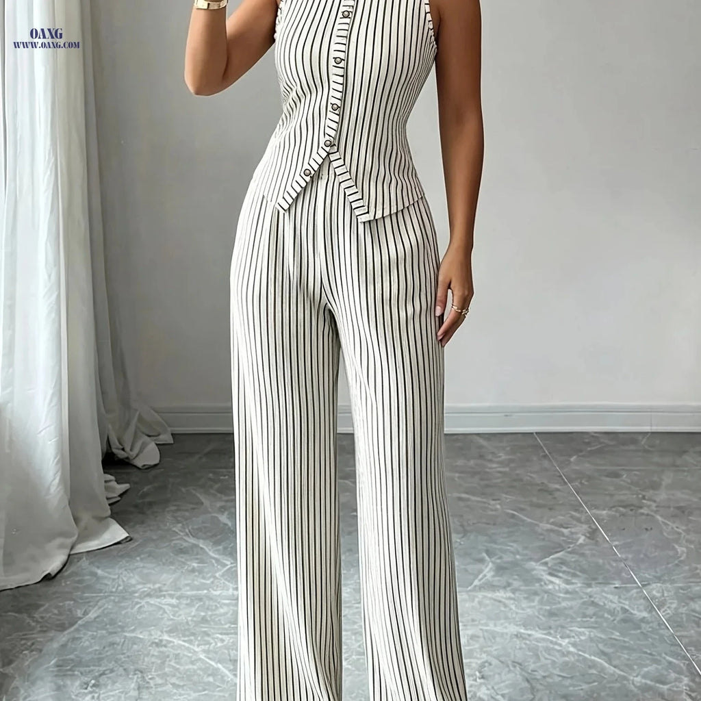 Women's Black and White Striped Pants Set - Sleeveless Top & Trousers   OAXG 