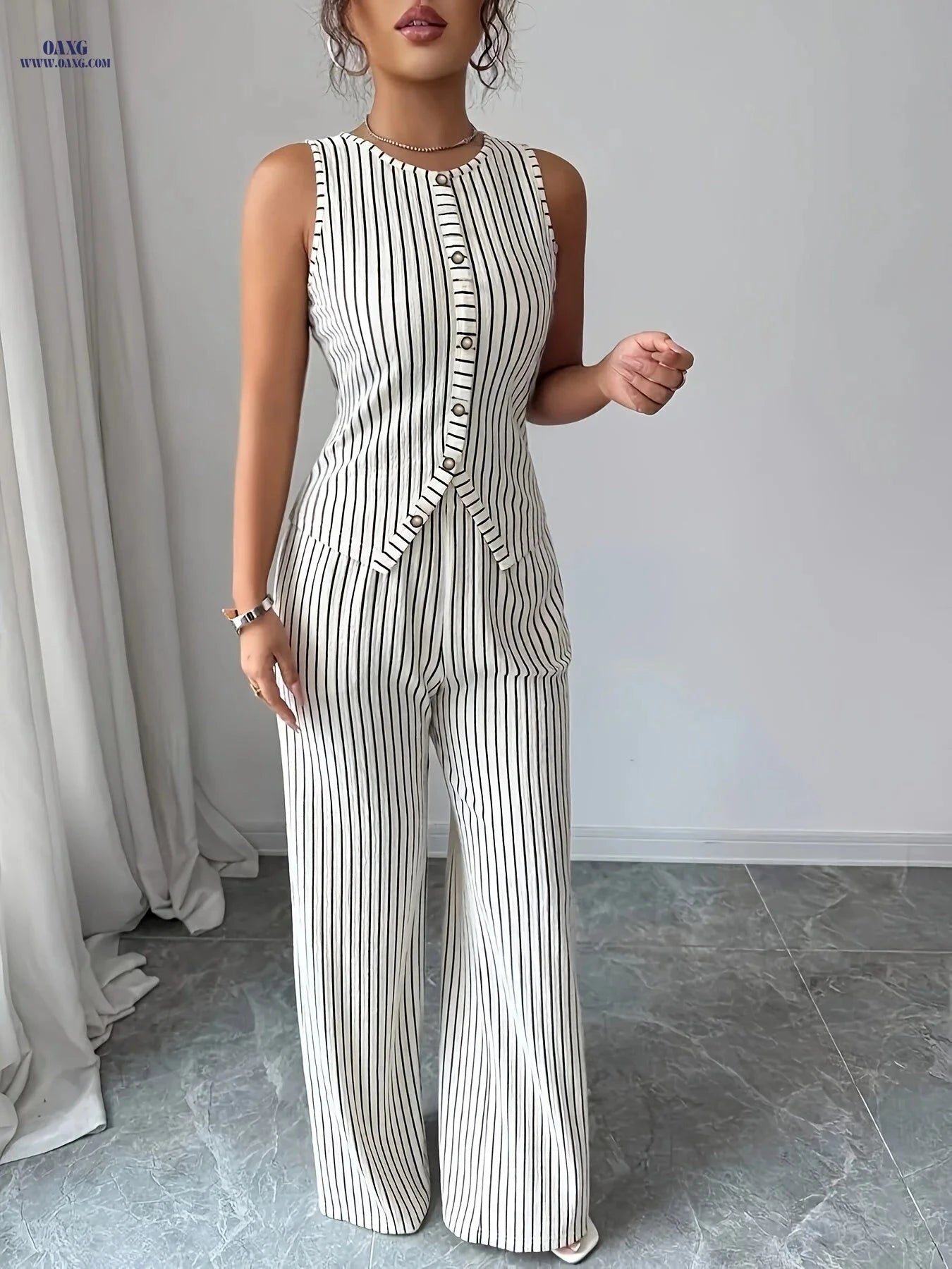 Women's Black and White Striped Pants Set - Sleeveless Top & Trousers   OAXG White / S