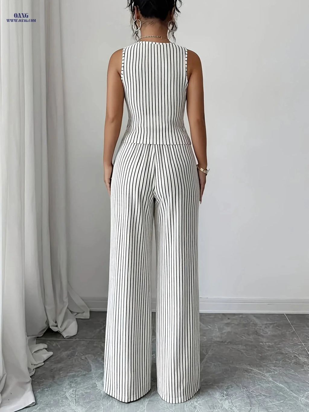 Women's Black and White Striped Pants Set - Sleeveless Top & Trousers   OAXG White / S