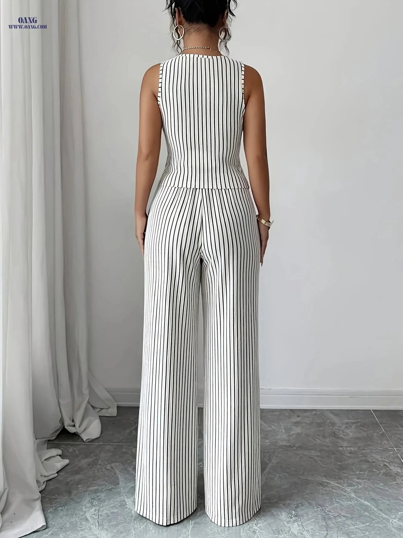Women's Black and White Striped Pants Set - Sleeveless Top & Trousers   OAXG White / S