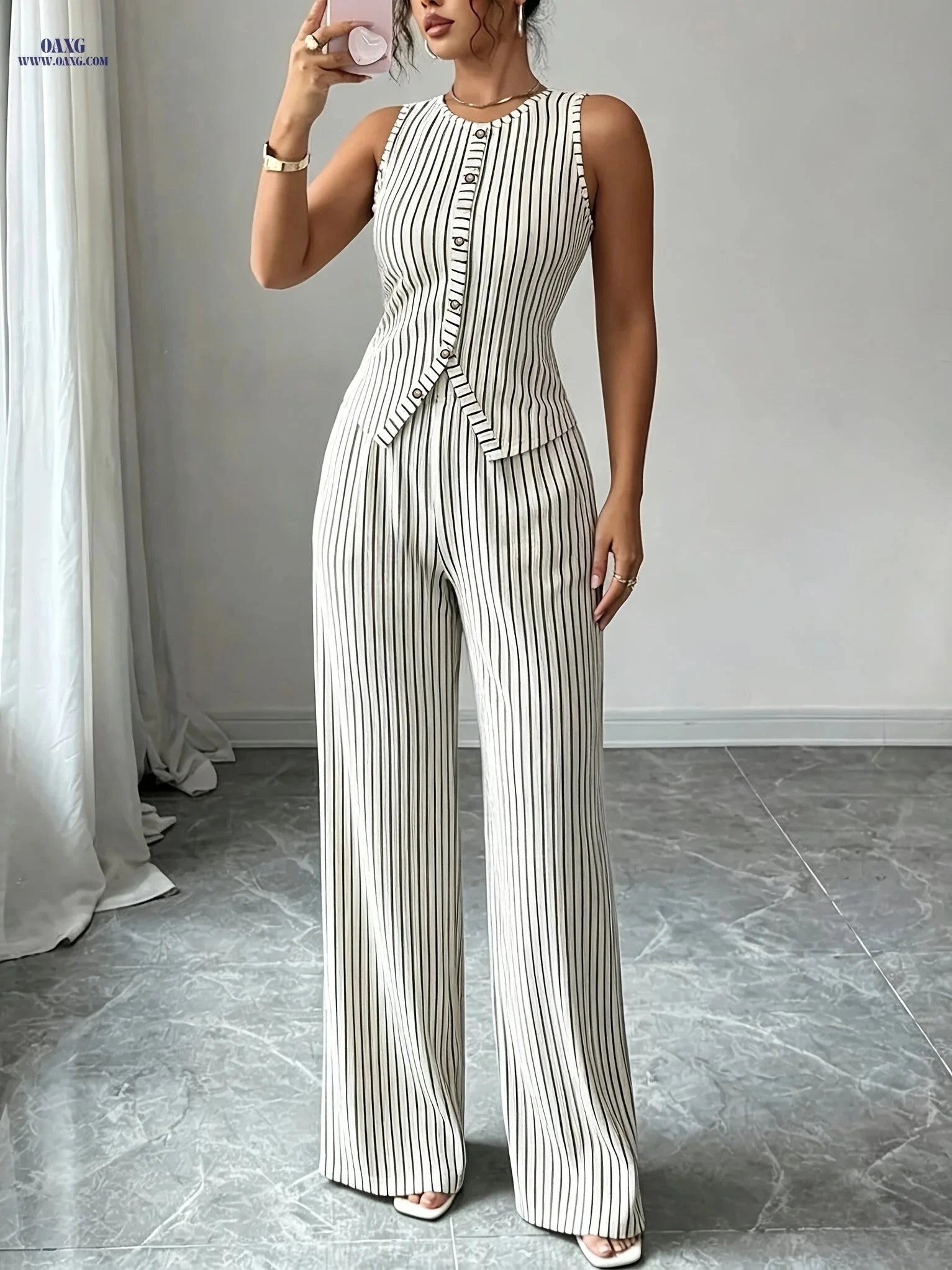 Women's Black and White Striped Pants Set - Sleeveless Top & Trousers   OAXG White / S