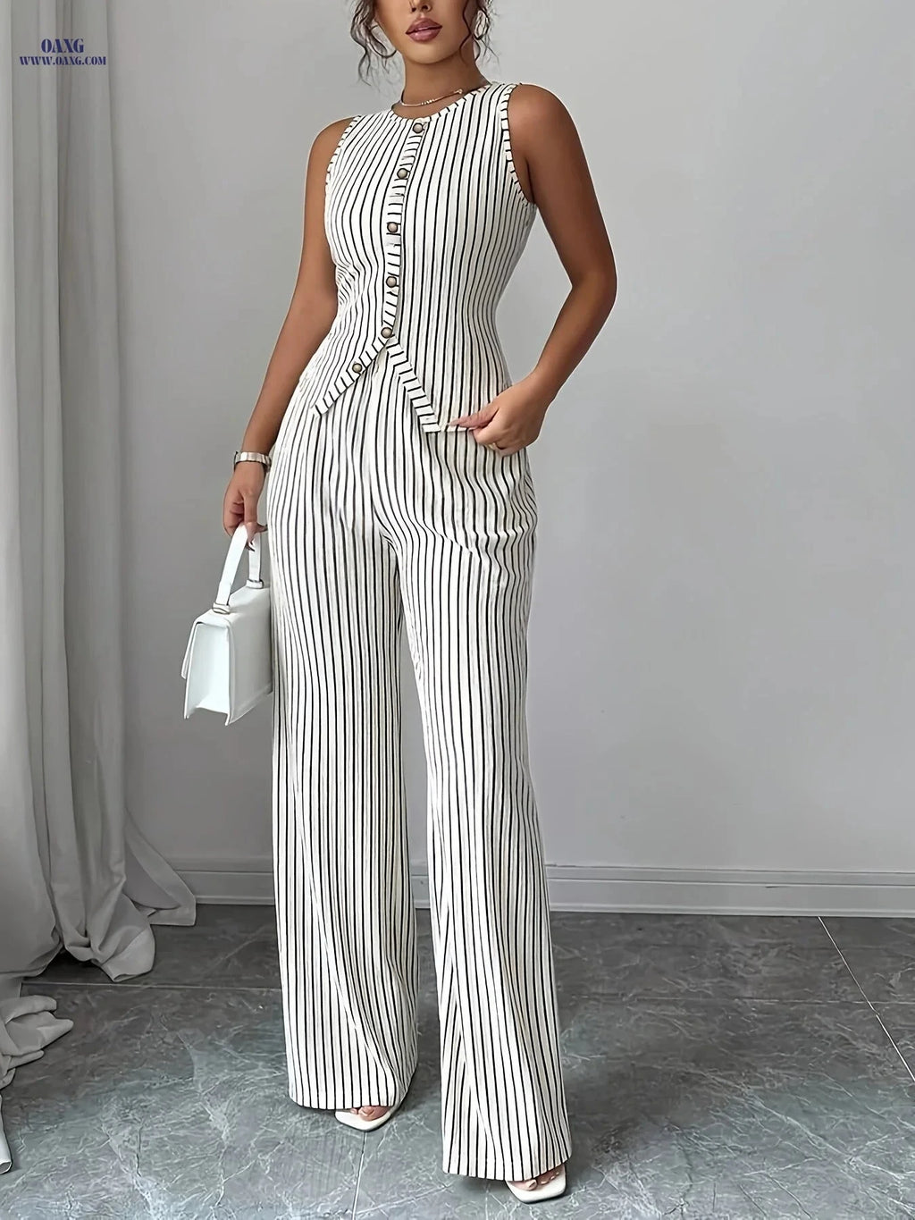Women's Black and White Striped Pants Set - Sleeveless Top & Trousers   OAXG White / S