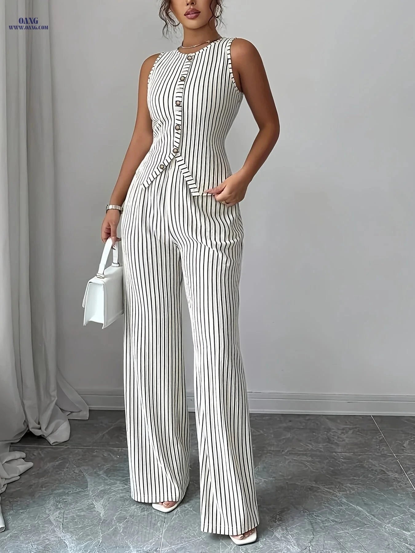 Women's Black and White Striped Pants Set - Sleeveless Top & Trousers   OAXG White / S