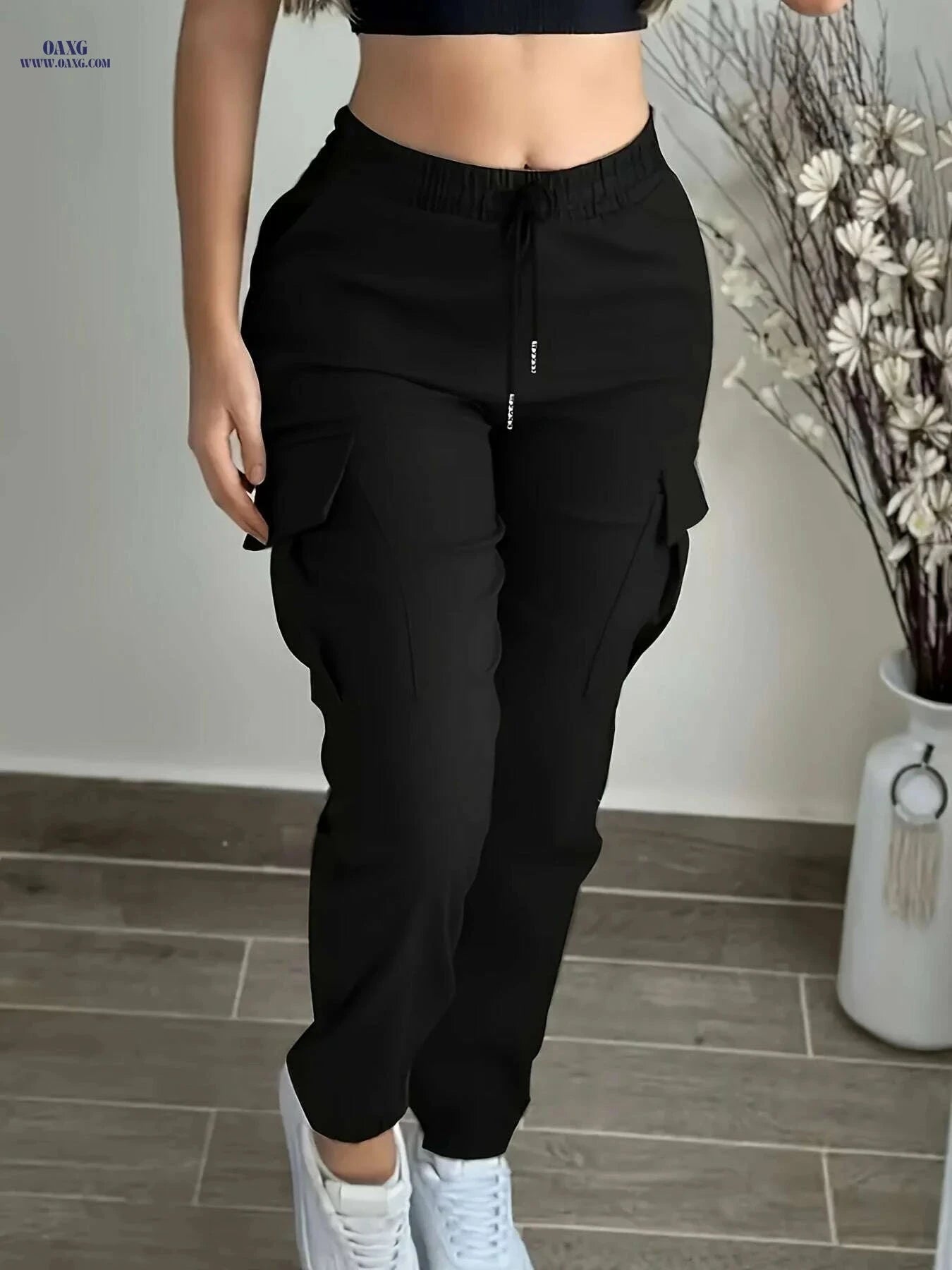 Women's Black Casual Cargo Pants - Elastic Drawstring, Multiple Pockets   OAXG Black / S