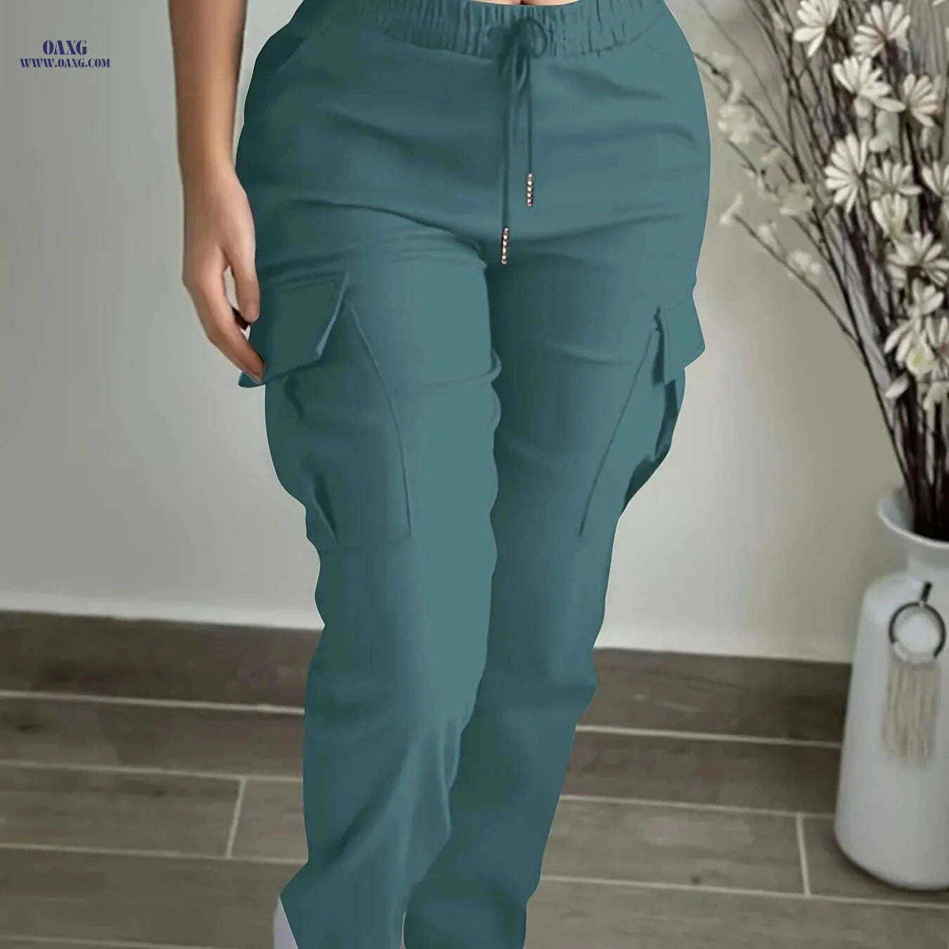 Women's Black Casual Cargo Pants - Elastic Drawstring, Multiple Pockets   OAXG Black / S