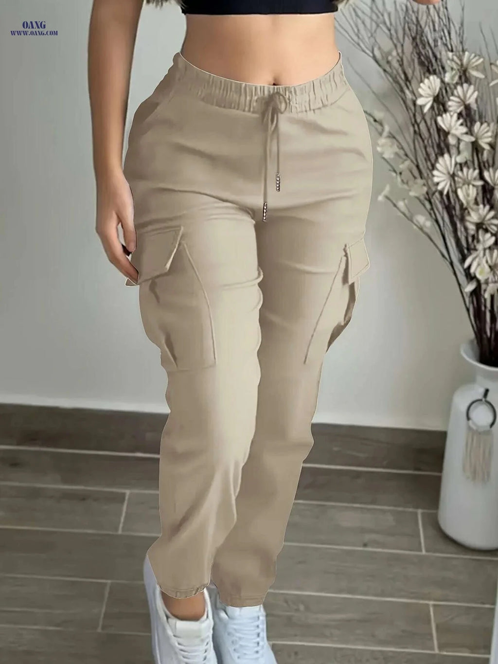 Women's Black Casual Cargo Pants - Elastic Drawstring, Multiple Pockets   OAXG Black / S