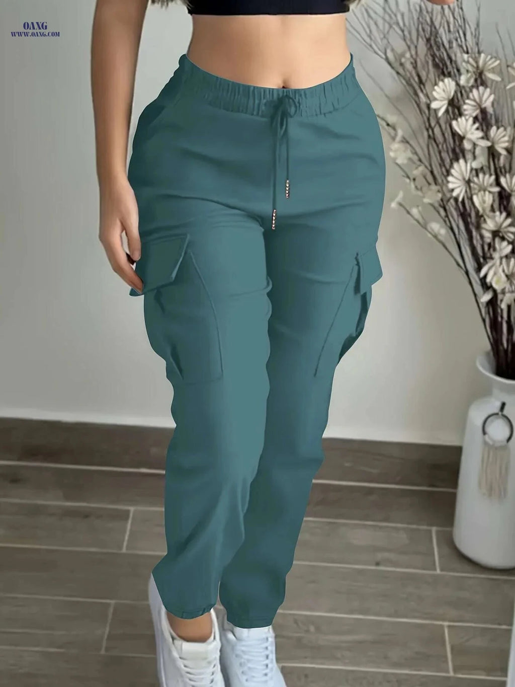 Women's Black Casual Cargo Pants - Elastic Drawstring, Multiple Pockets   OAXG Black / S