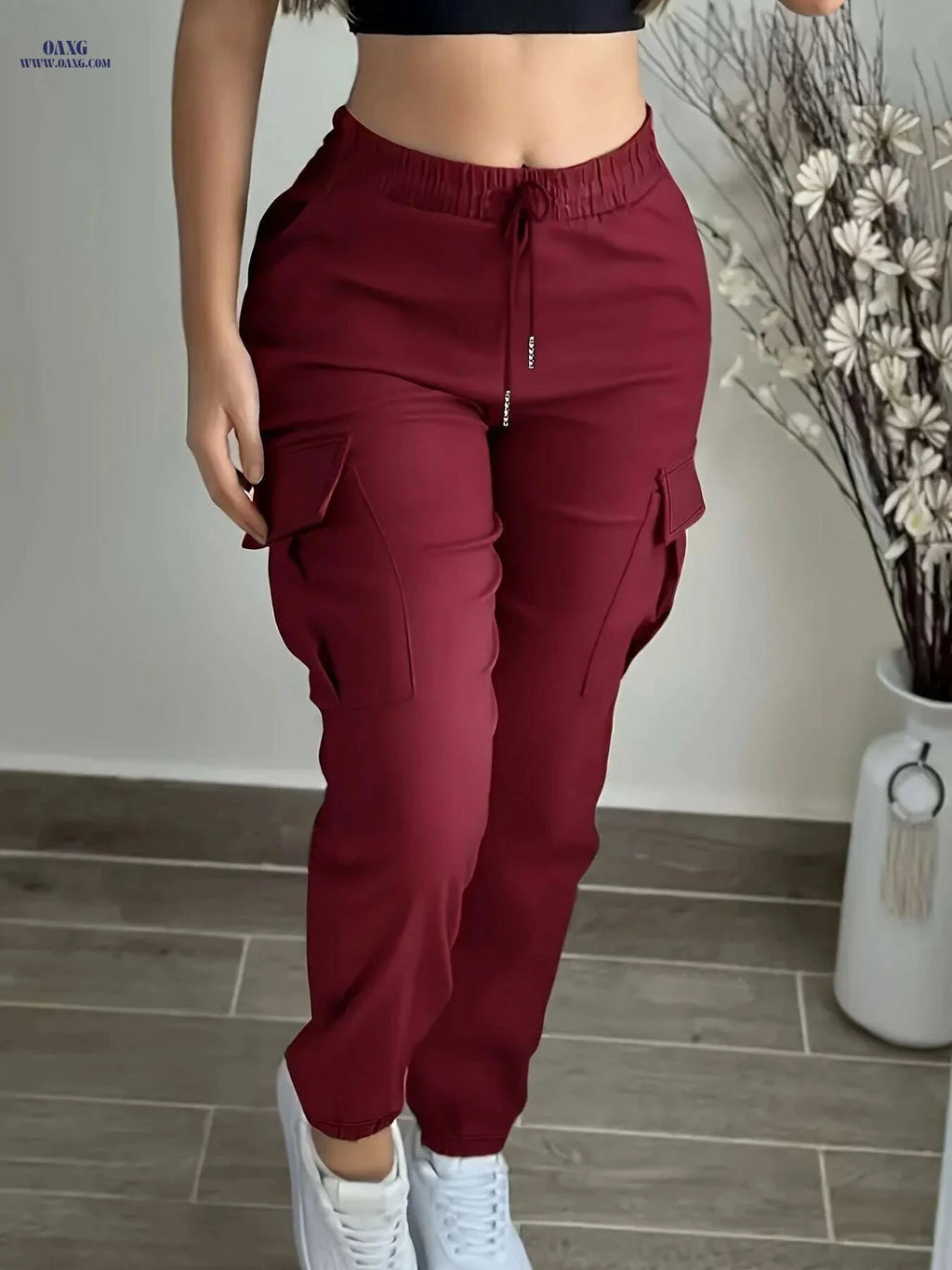 Women's Black Casual Cargo Pants - Elastic Drawstring, Multiple Pockets   OAXG Black / S