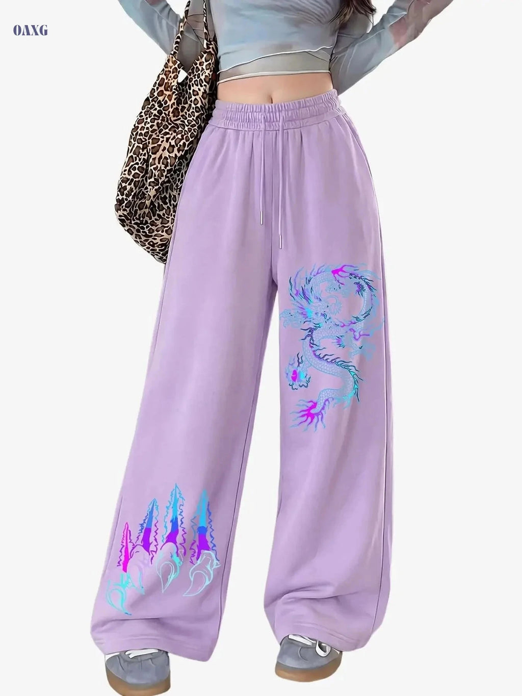 Women's Black Jogger Pants - Dragon Print, Elastic Drawstring & Breathable   OAXG 