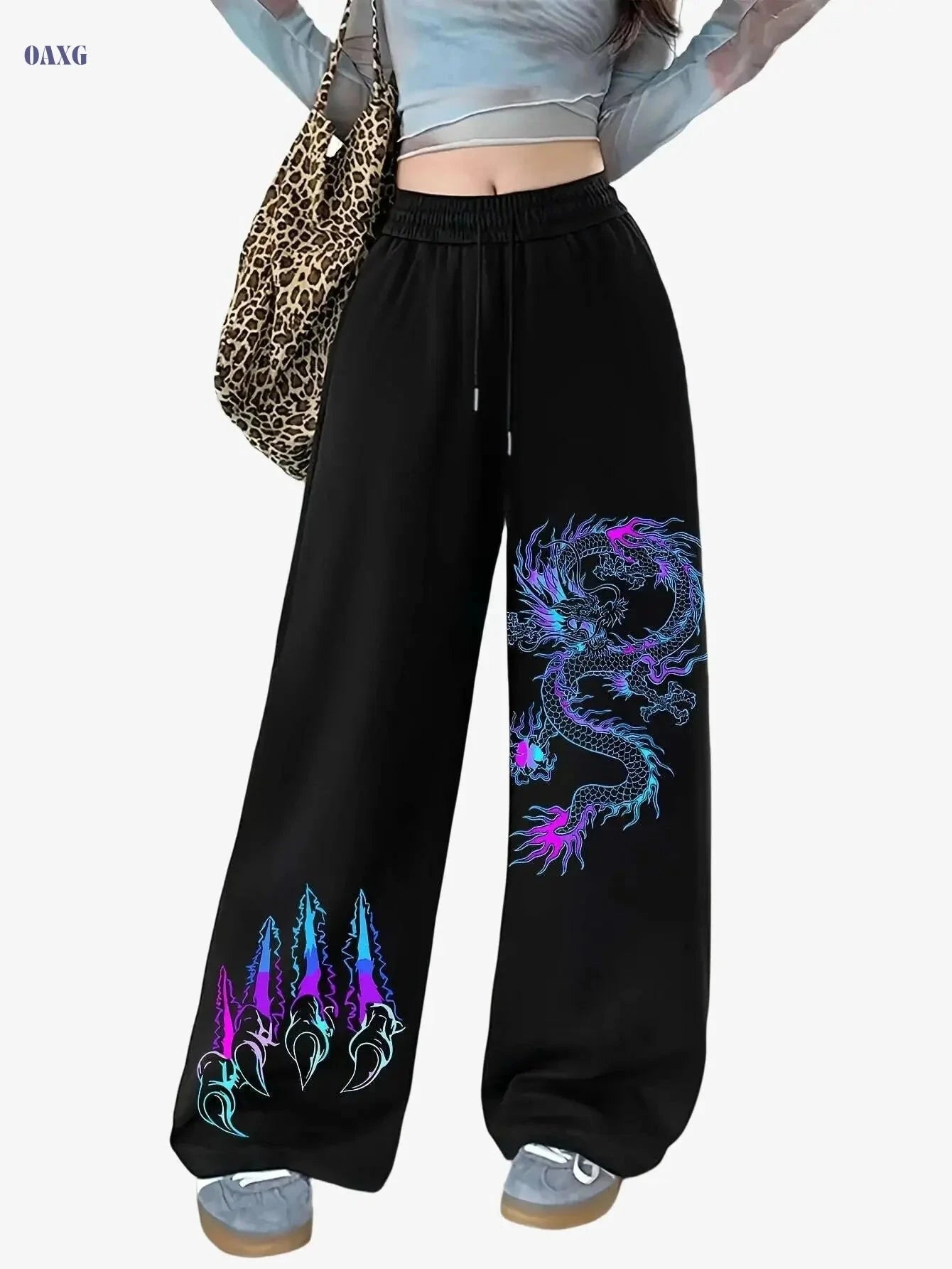 Women's Black Jogger Pants - Dragon Print, Elastic Drawstring & Breathable   OAXG 